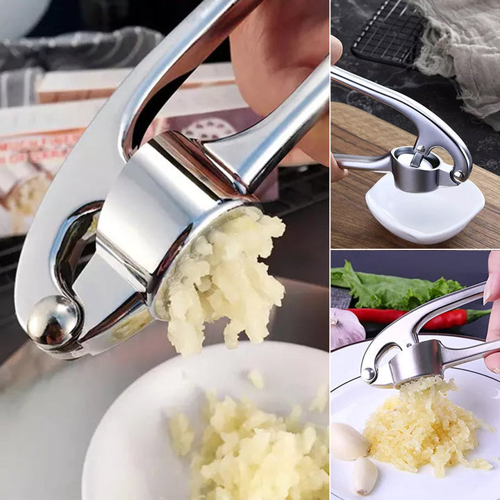 Roestvrijstalen knoflookpers met ergonomisch ontwerp, ideaal voor het persen van knoflook en gember, vaatwasmachinebestendig.