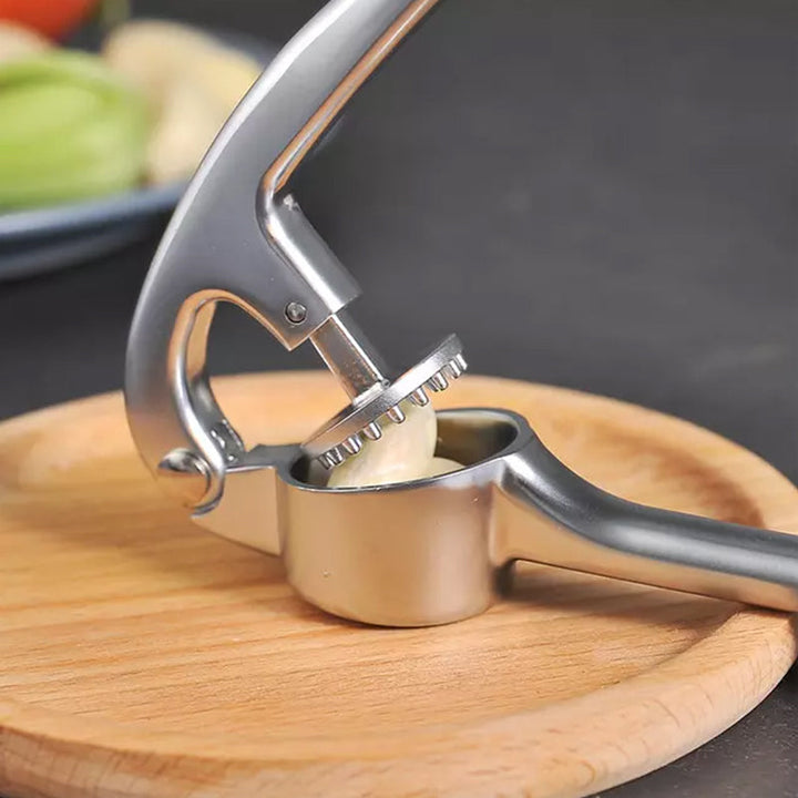 Roestvrijstalen knoflookpers met ergonomisch ontwerp, ideaal voor het persen van knoflook en gember, vaatwasmachinebestendig.