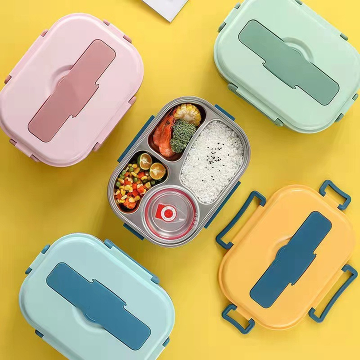 Roestvrijstalen thermos lunchbox met 3-4 compartimenten, veelzijdig, stijlvolle kleuren, houdt maaltijden vers en warm.