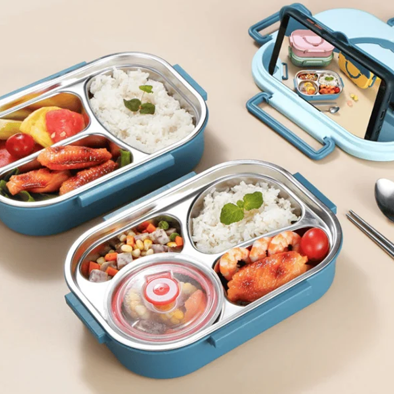 Roestvrijstalen thermos lunchbox met 3-4 compartimenten, veelzijdig, stijlvolle kleuren, houdt maaltijden vers en warm.