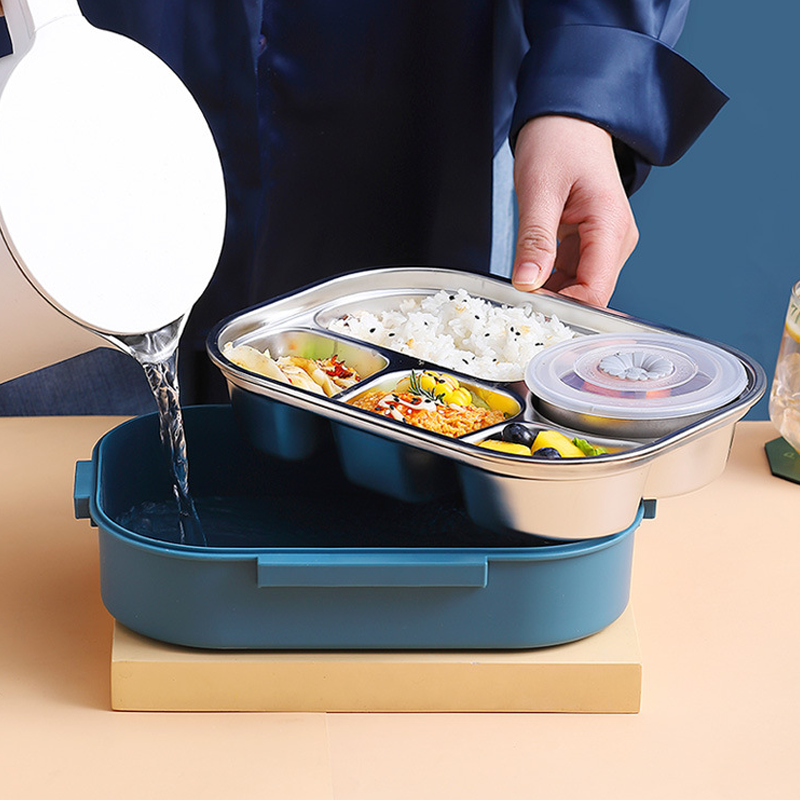 Roestvrijstalen thermos lunchbox met 3-4 compartimenten, veelzijdig, stijlvolle kleuren, houdt maaltijden vers en warm.