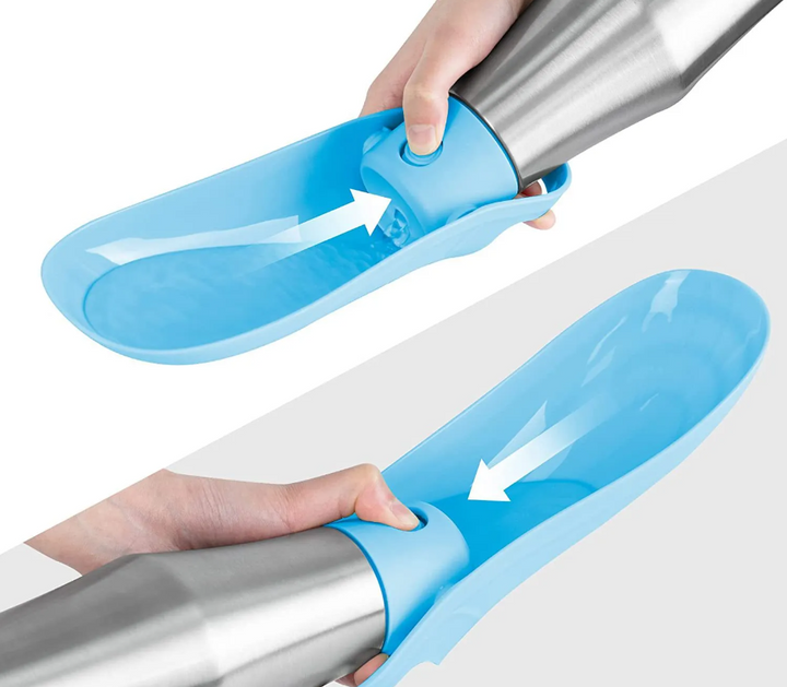 Edelstalen waterfles voor honden, draagbare drinkfontein met geïntegreerde opvouwbare bak, ideaal voor onderweg.