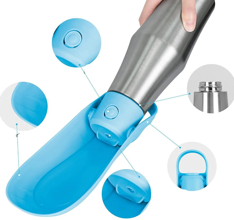 Edelstalen waterfles voor honden, draagbare drinkfontein met geïntegreerde opvouwbare bak, ideaal voor onderweg.