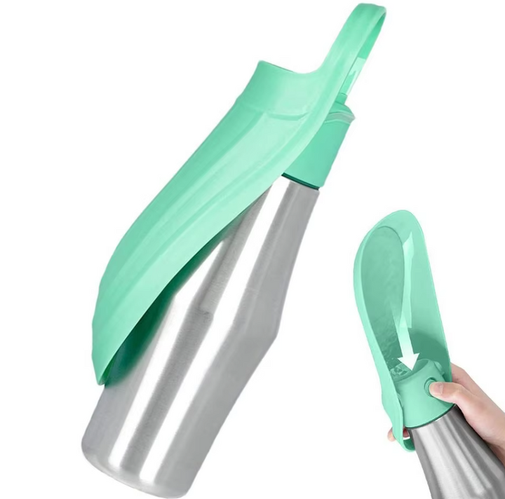 Edelstalen waterfles voor honden, draagbare drinkfontein met geïntegreerde opvouwbare bak, ideaal voor onderweg.