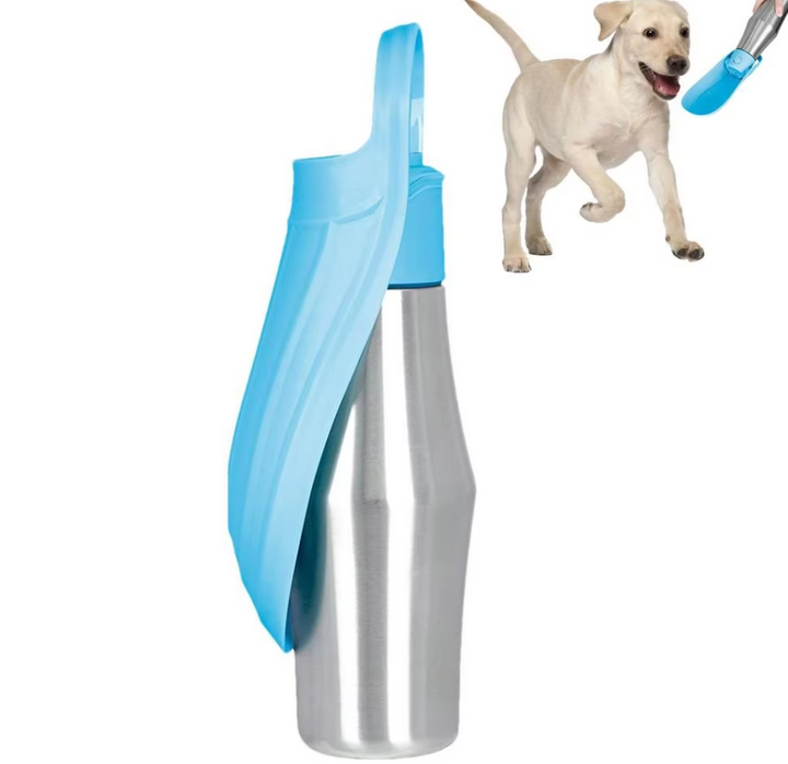 Edelstalen waterfles voor honden, draagbare drinkfontein met geïntegreerde opvouwbare bak, ideaal voor onderweg.