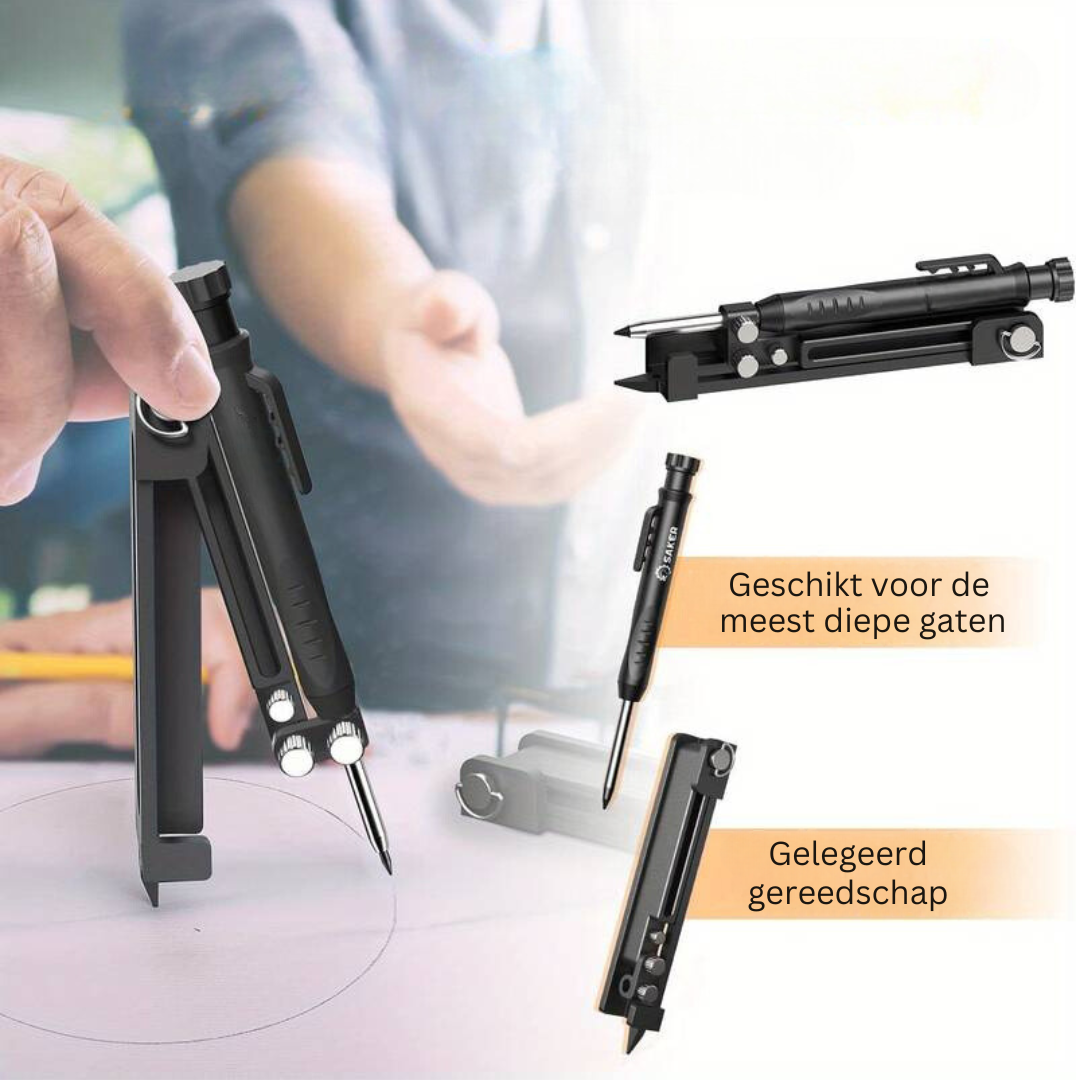 EdgeMark multitool: duurzaam aluminium meet- & tekengereedschap. Onmisbaar voor precisie aftekenen, markeren bij klussen.