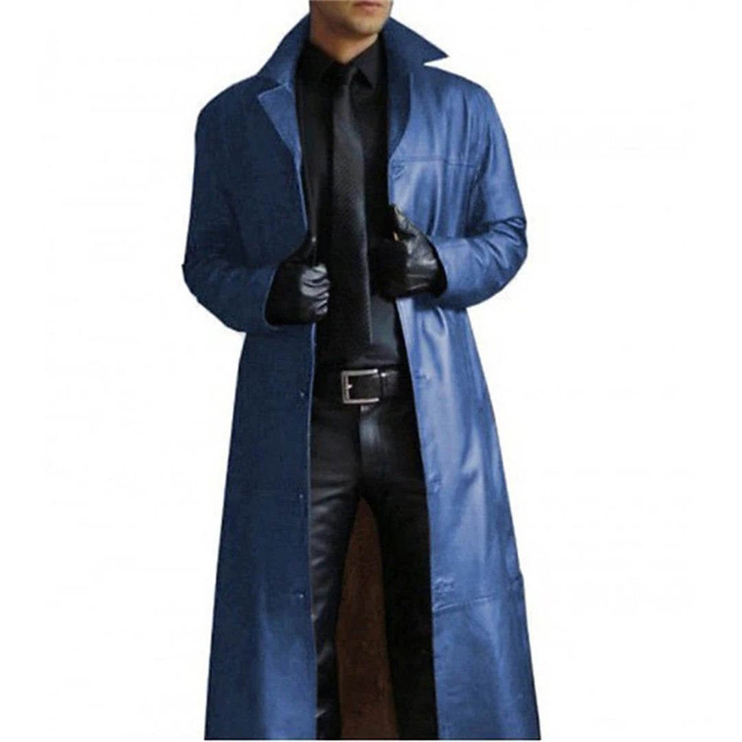 "Edler Herren Ledermantel, schwarz, mit Knopfleiste und Taschen; luxuriöses Echtleder mit zeitlosem, elegantem Design."