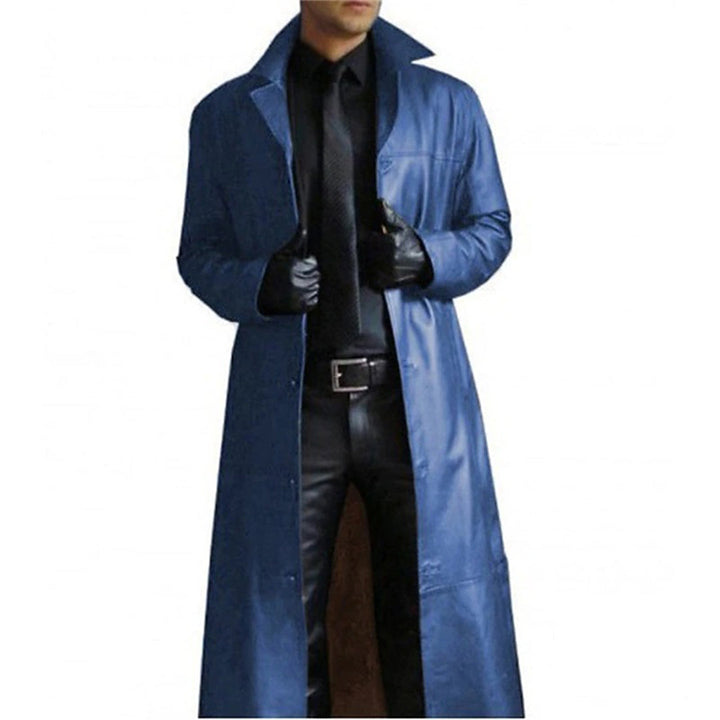 "Edler Herren Ledermantel, schwarz, mit Knopfleiste und Taschen; luxuriöses Echtleder mit zeitlosem, elegantem Design."