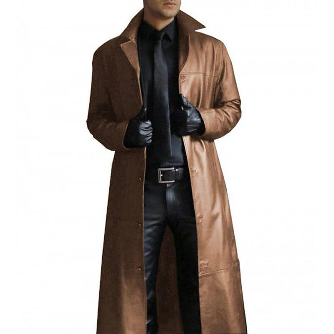 "Edler Herren Ledermantel, schwarz, mit Knopfleiste und Taschen; luxuriöses Echtleder mit zeitlosem, elegantem Design."
