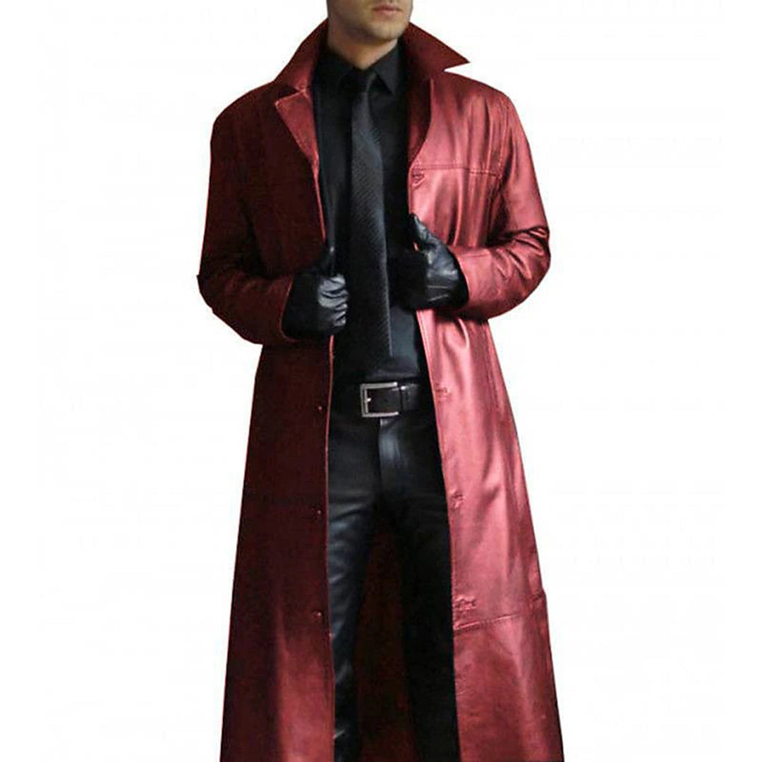 "Edler Herren Ledermantel, schwarz, mit Knopfleiste und Taschen; luxuriöses Echtleder mit zeitlosem, elegantem Design."