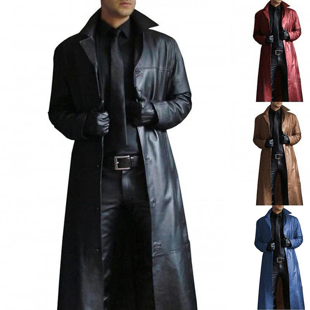 "Edler Herren Ledermantel, schwarz, mit Knopfleiste und Taschen; luxuriöses Echtleder mit zeitlosem, elegantem Design."