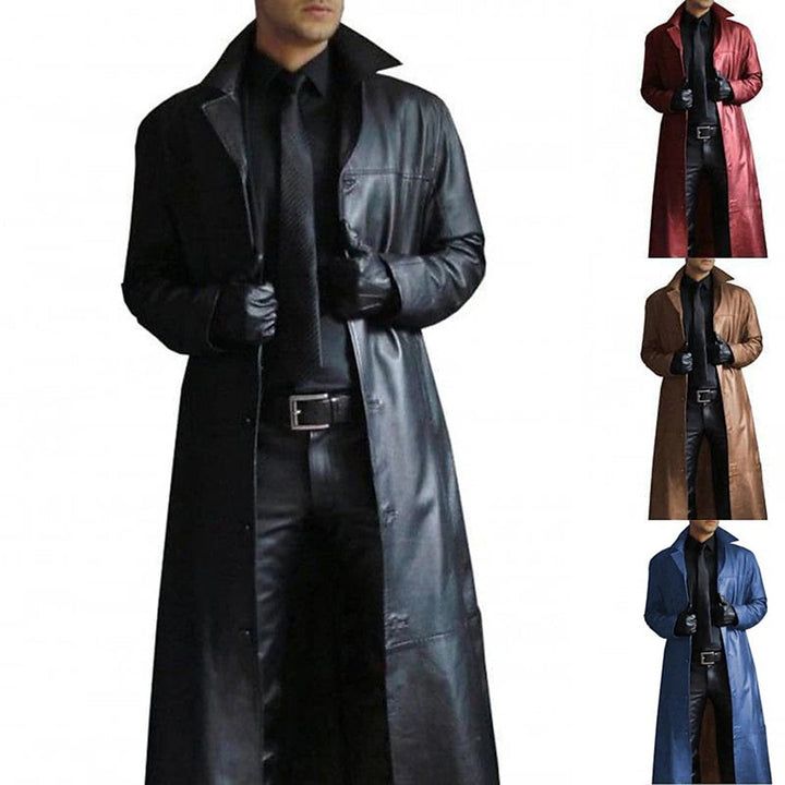 "Edler Herren Ledermantel, schwarz, mit Knopfleiste und Taschen; luxuriöses Echtleder mit zeitlosem, elegantem Design."
