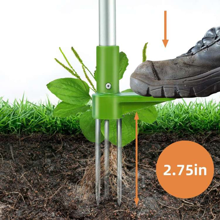 Rugvriendelijke onkruidtrekker in actie, verwijdert onkruid met wortel voor een onkruidvrije tuin.