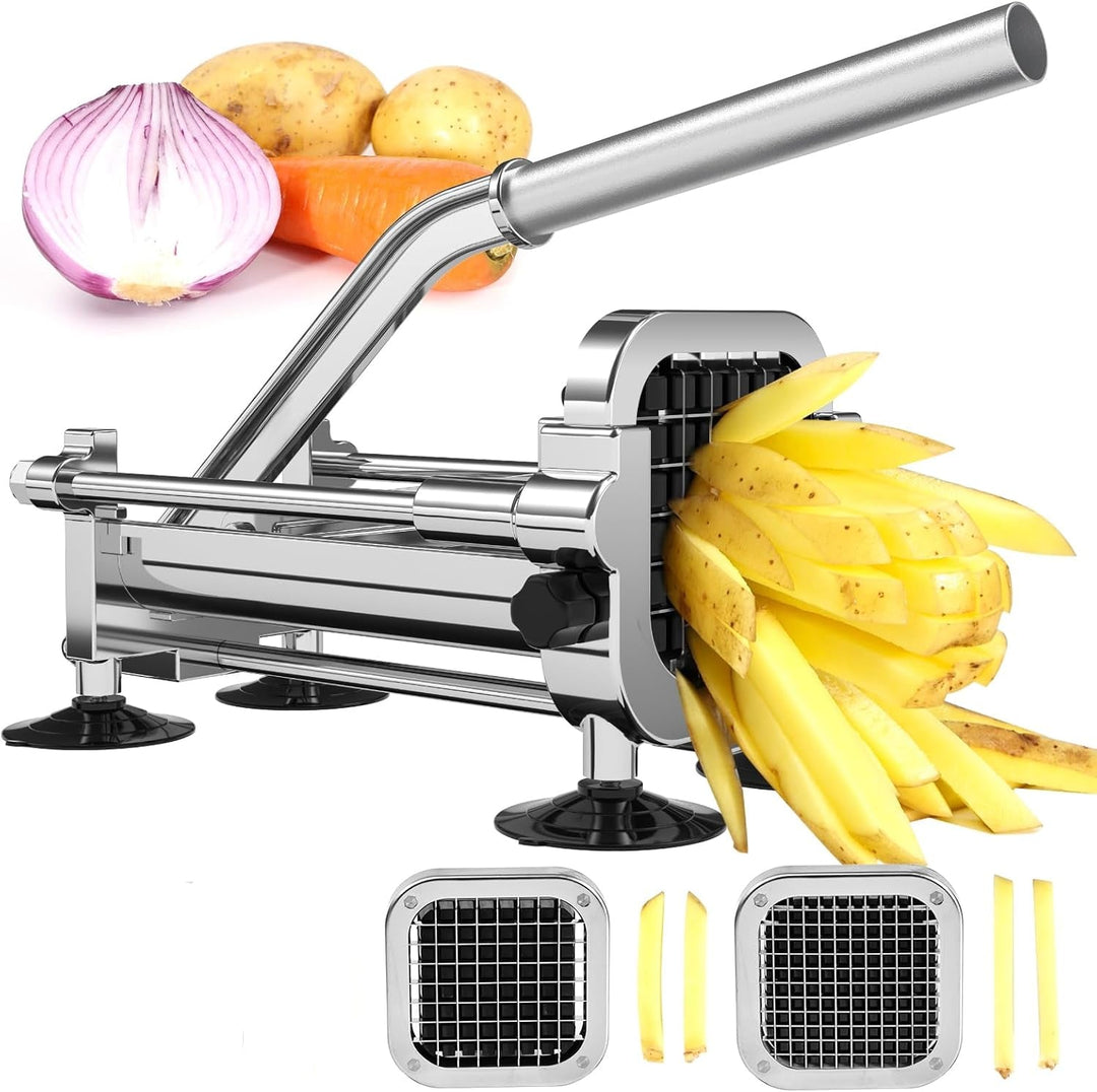 Efficiënte RVS frietsnijder met verwisselbare messen voor perfecte frietjes en groenten; essentieel keukengerei.
