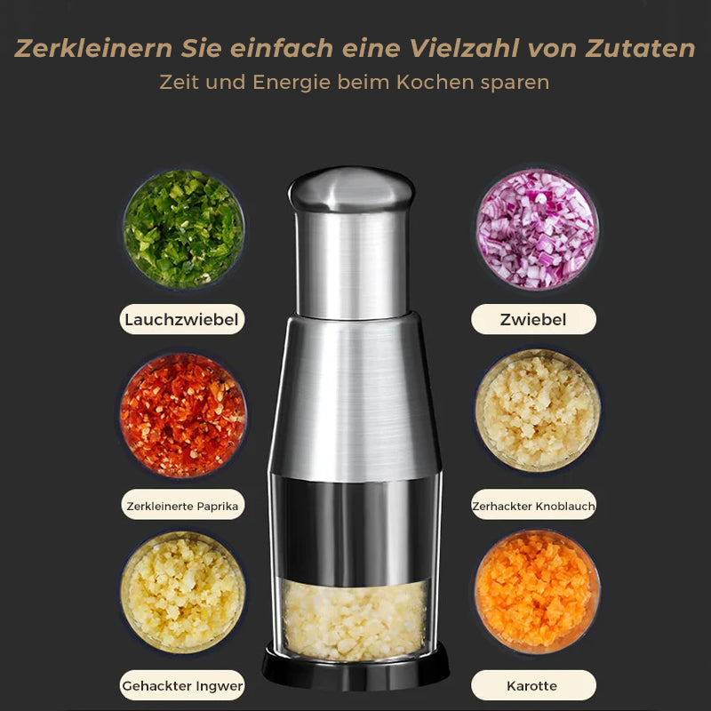 Efficiënte roestvrijstalen knoflookhakker, glanzend oppervlak, ideale keukenhelper voor het snel hakken van ingrediënten.