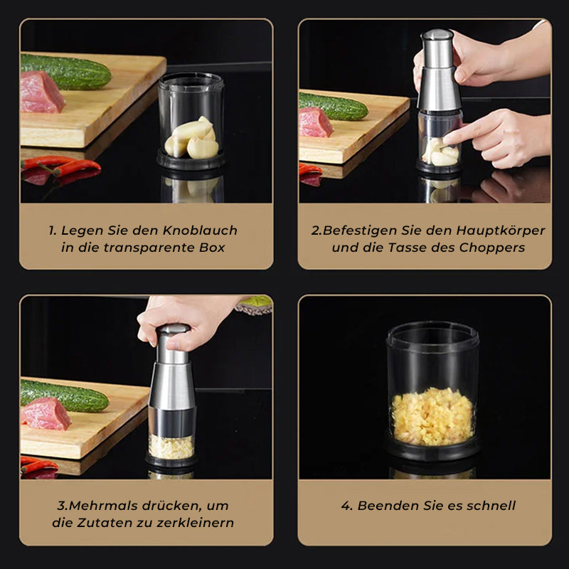 Efficiënte roestvrijstalen knoflookhakker, glanzend oppervlak, ideale keukenhelper voor het snel hakken van ingrediënten.