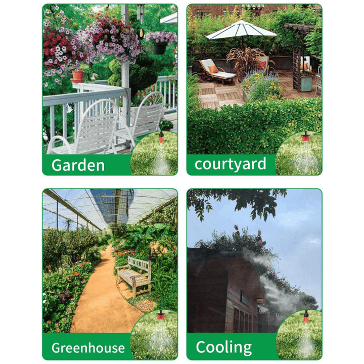 "Effizientes automatisches Bewässerungssystem mit feinen Düsen, spart Wasser und kühlt Garten und Terrasse um bis zu 5°C."