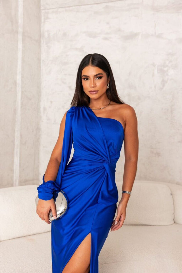 Dames avondjurk met één schouder, asymmetrisch met vloeiende pasvorm, elegant, ideaal voor gala's en bruiloften, verkrijgbaar in vele kleuren.
