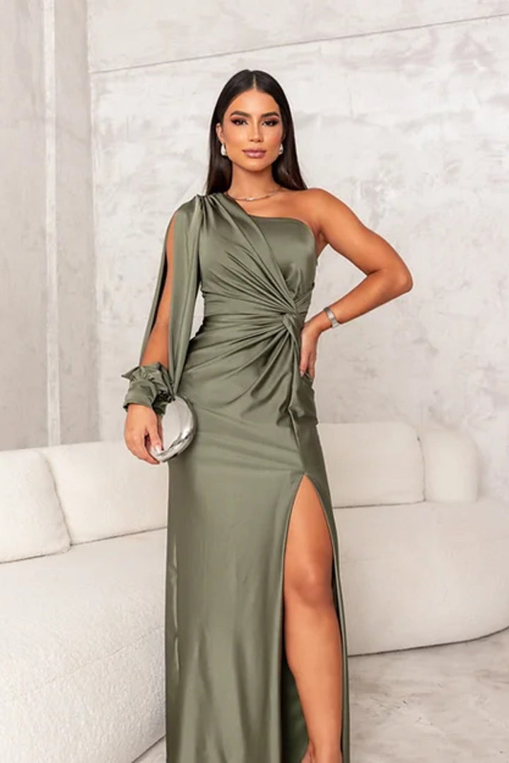 Dames avondjurk met één schouder, asymmetrisch met vloeiende pasvorm, elegant, ideaal voor gala's en bruiloften, verkrijgbaar in vele kleuren.
