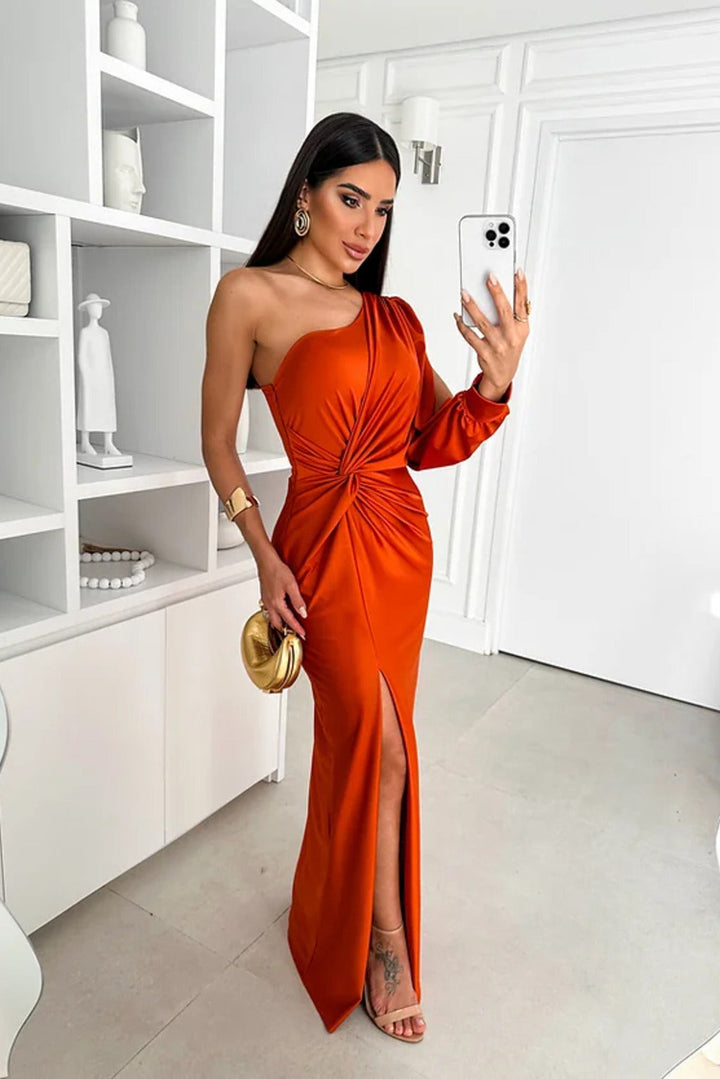 Dames avondjurk met één schouder, asymmetrisch met vloeiende pasvorm, elegant, ideaal voor gala's en bruiloften, verkrijgbaar in vele kleuren.