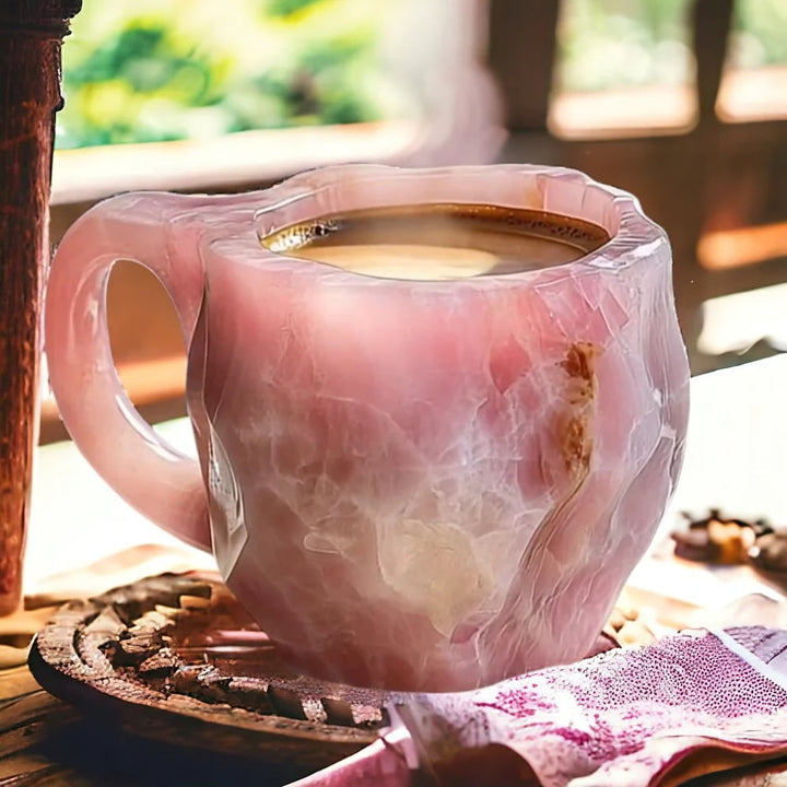 Unieke theemok van duurzaam glas met een schitterende edelsteen, ideaal voor een rustmoment.