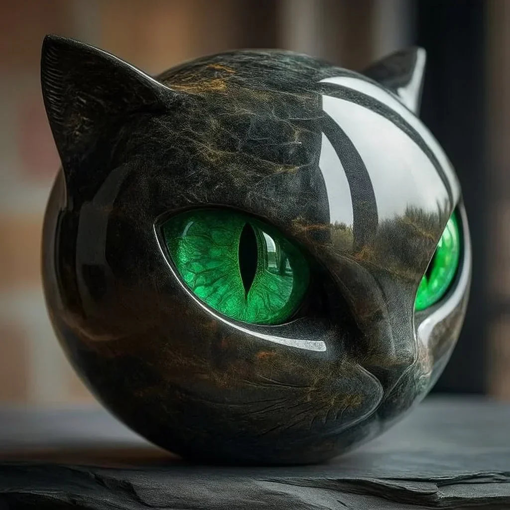 Elegant kattenhoofd sculptuur van kunsthars met hypnotiserende ogen. Ideaal als interieur decoratie of geschenk.