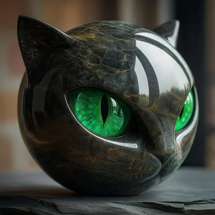 Elegant kattenhoofd sculptuur van kunsthars met hypnotiserende ogen. Ideaal als interieur decoratie of geschenk.