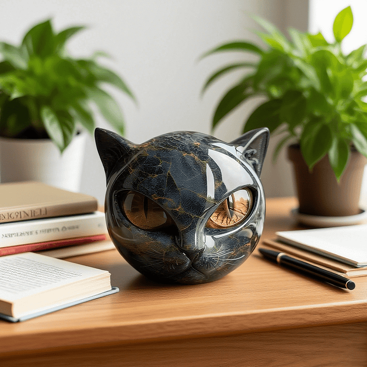 Mystiek kattenhoofd sculptuur in diverse kleuren zoals rood, blauw, paars. Elegant kunsthars interieur decoratie.