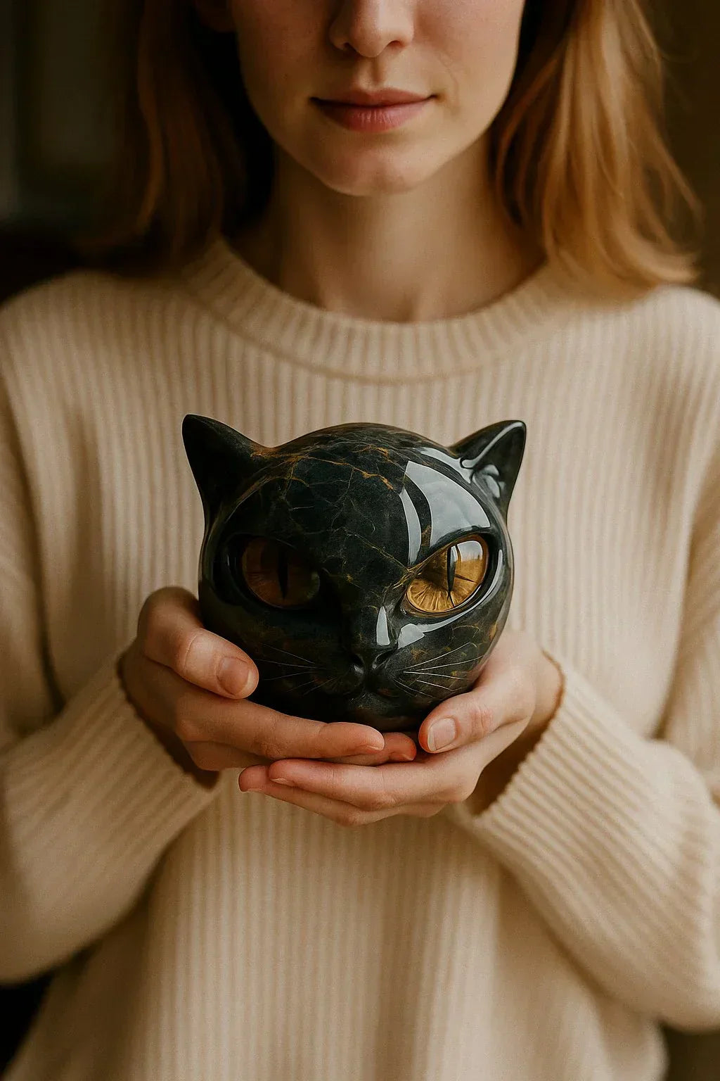 Kunstzinnig kattenhoofd sculptuur, elegant en gedetailleerd. Een mystieke woonaccessoire van kunsthars voor je interieur.