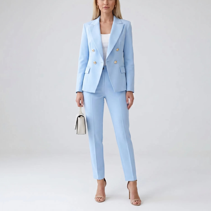 Modieus dames tweedelig pak, ideaal voor formele gelegenheden of als stijlvolle zakelijke kantooroutfit.