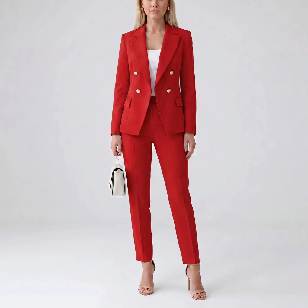 Stijlvolle dames pakset met rechte pijp broek en reversjack, een moderne kantooroutfit voor elke vrouw.