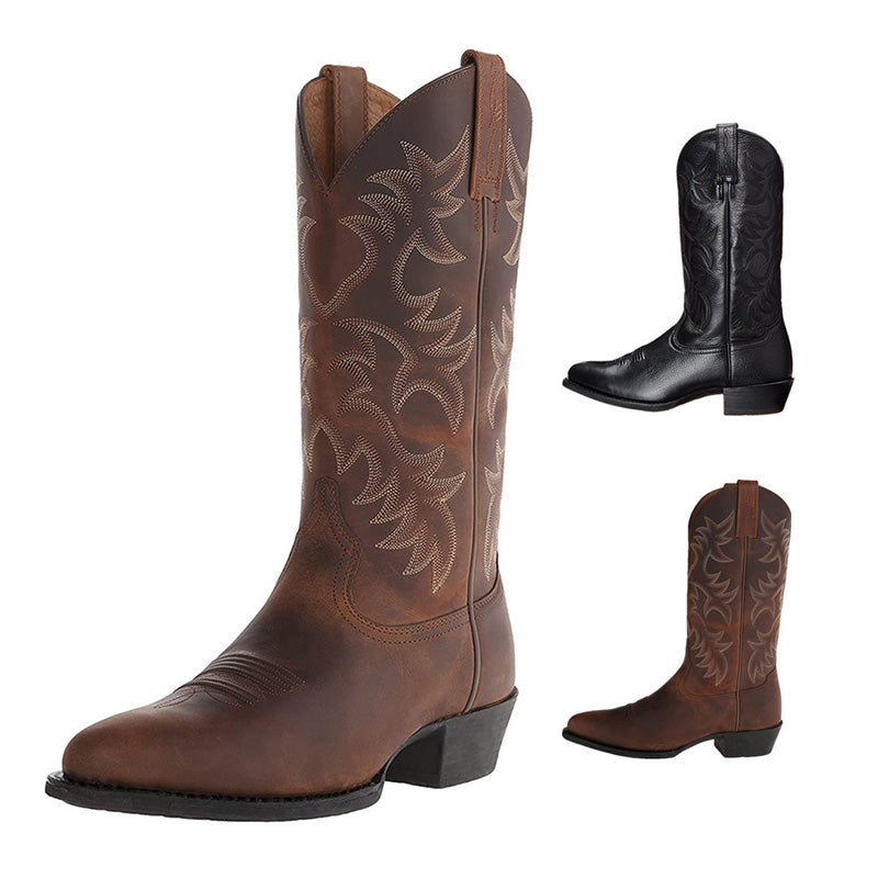 Stijlvolle heren cowboylaarzen van kwaliteitsleer met puntige neus en opvallende stiksels, perfect voor diverse gelegenheden.