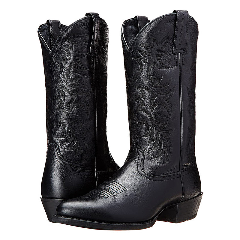 Stijlvolle heren cowboylaarzen van kwaliteitsleer met puntige neus en opvallende stiksels, perfect voor diverse gelegenheden.