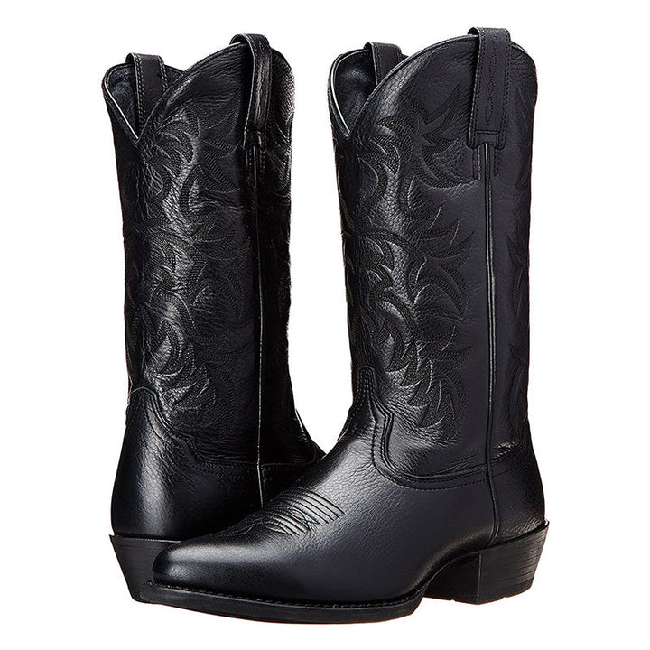 Stijlvolle heren cowboylaarzen van kwaliteitsleer met puntige neus en opvallende stiksels, perfect voor diverse gelegenheden.