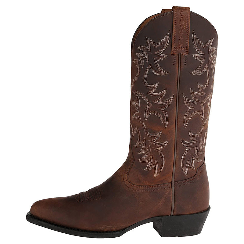 Stijlvolle heren cowboylaarzen van kwaliteitsleer met puntige neus en opvallende stiksels, perfect voor diverse gelegenheden.