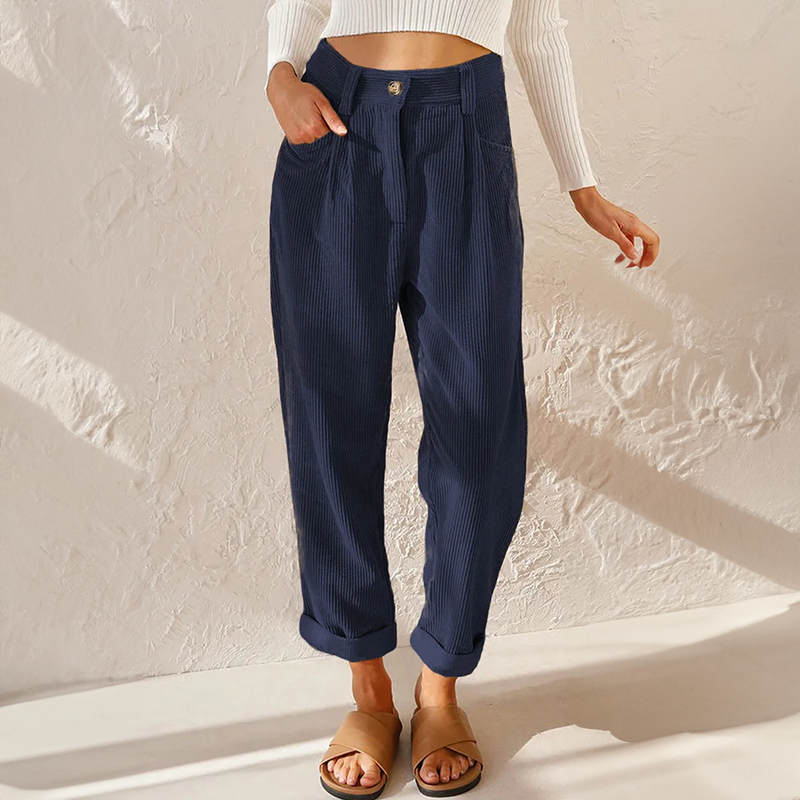 Elegante Anna dames ribfluwelen broek van hoge kwaliteit, losse pasvorm met elastische tailleband, veelzijdig te combineren.