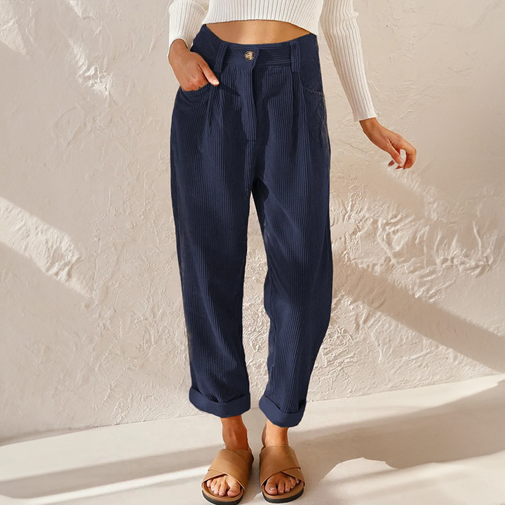 Elegante Anna dames ribfluwelen broek van hoge kwaliteit, losse pasvorm met elastische tailleband, veelzijdig te combineren.