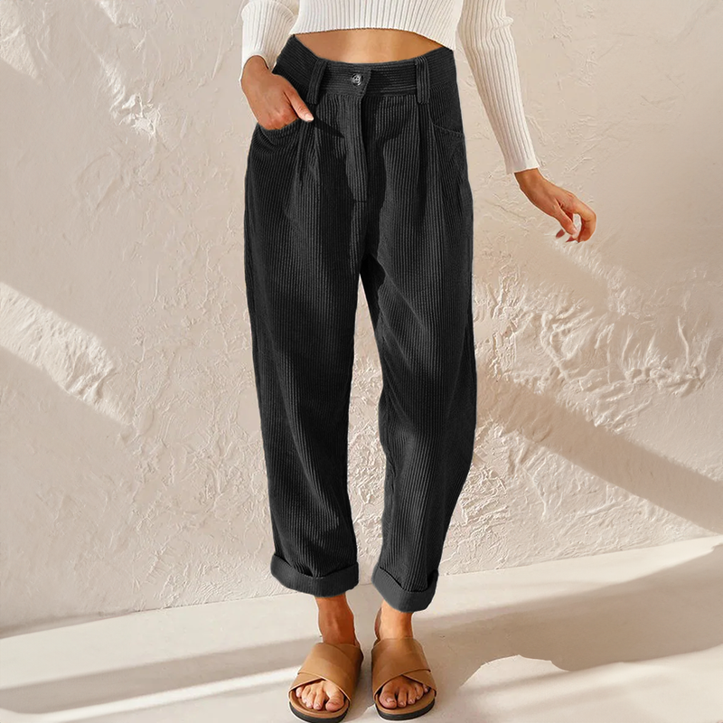 Elegante Anna dames ribfluwelen broek van hoge kwaliteit, losse pasvorm met elastische tailleband, veelzijdig te combineren.