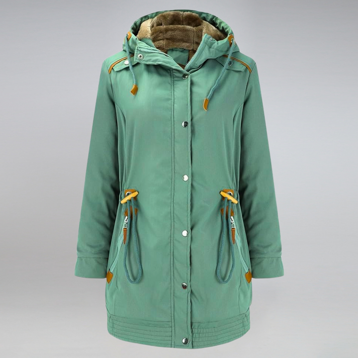 "Elegante Damen Parkajacke in Marineblau, wetterfest und warm, ideal für kalte Tage mit verstellbarer Taillenkordel."
