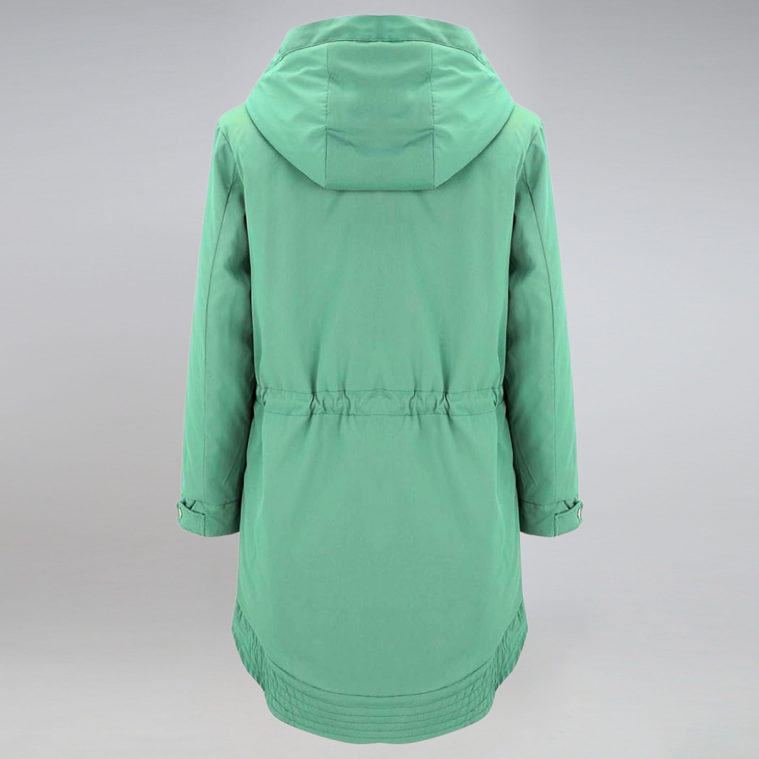 "Elegante Damen Parkajacke in Marineblau, wetterfest und warm, ideal für kalte Tage mit verstellbarer Taillenkordel."