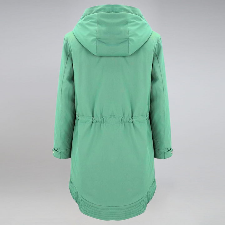 "Elegante Damen Parkajacke in Marineblau, wetterfest und warm, ideal für kalte Tage mit verstellbarer Taillenkordel."