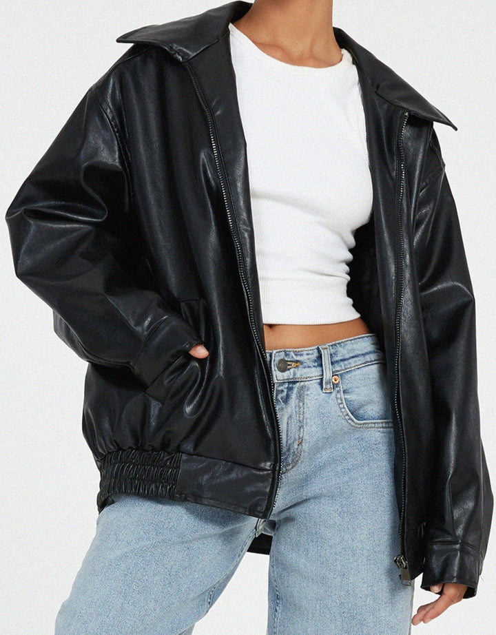 Stijlvolle dames PU-leren jas met een losse pasvorm, zacht en duurzaam, ideaal voor zowel dagelijkse uitjes als avondkleding.