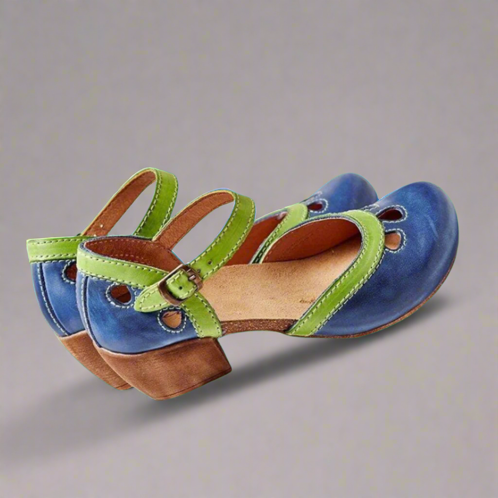 Elegante dames sandalen met blokhak, gevoerd voetbed, in blauw, geel, groen, roze, rood. Perfect voor zomeroutfits.