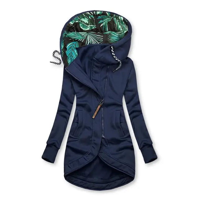 Elegante winterjas voor dames, pluizig materiaal, middellange lengte, capuchon, bescherming tegen de kou, vrouwelijke mode.