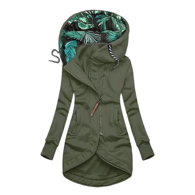 Elegante winterjas voor dames, pluizig materiaal, middellange lengte, capuchon, bescherming tegen de kou, vrouwelijke mode.