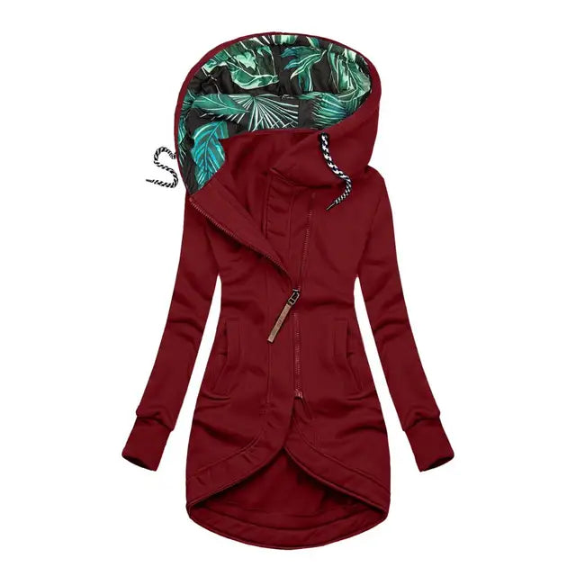 Elegante winterjas voor dames, pluizig materiaal, middellange lengte, capuchon, bescherming tegen de kou, vrouwelijke mode.