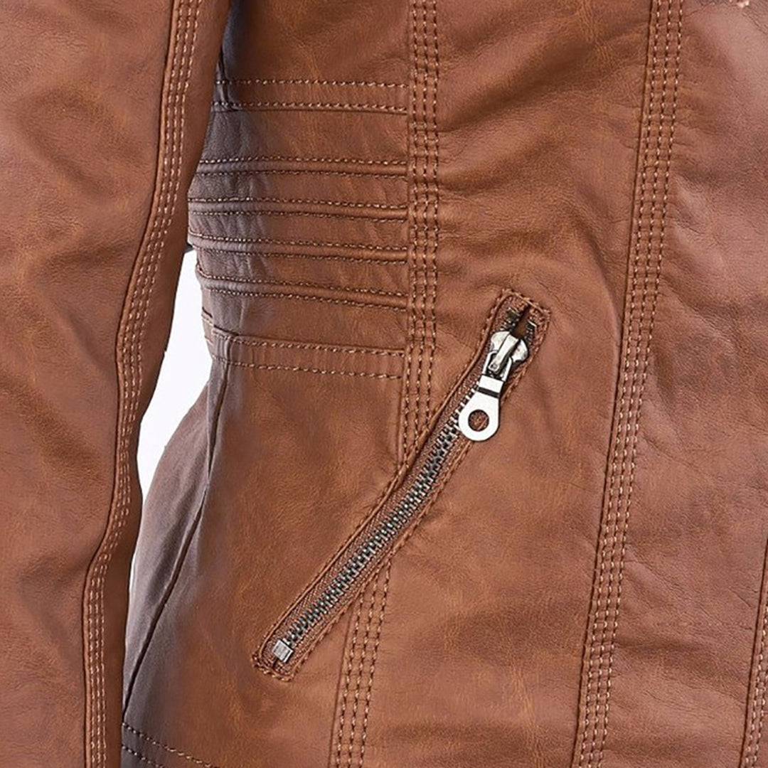 Elegante zwarte dames leren jas, weerbestendig, met capuchon, stijlvolle bescherming tegen regen, hoogwaardige afwerking