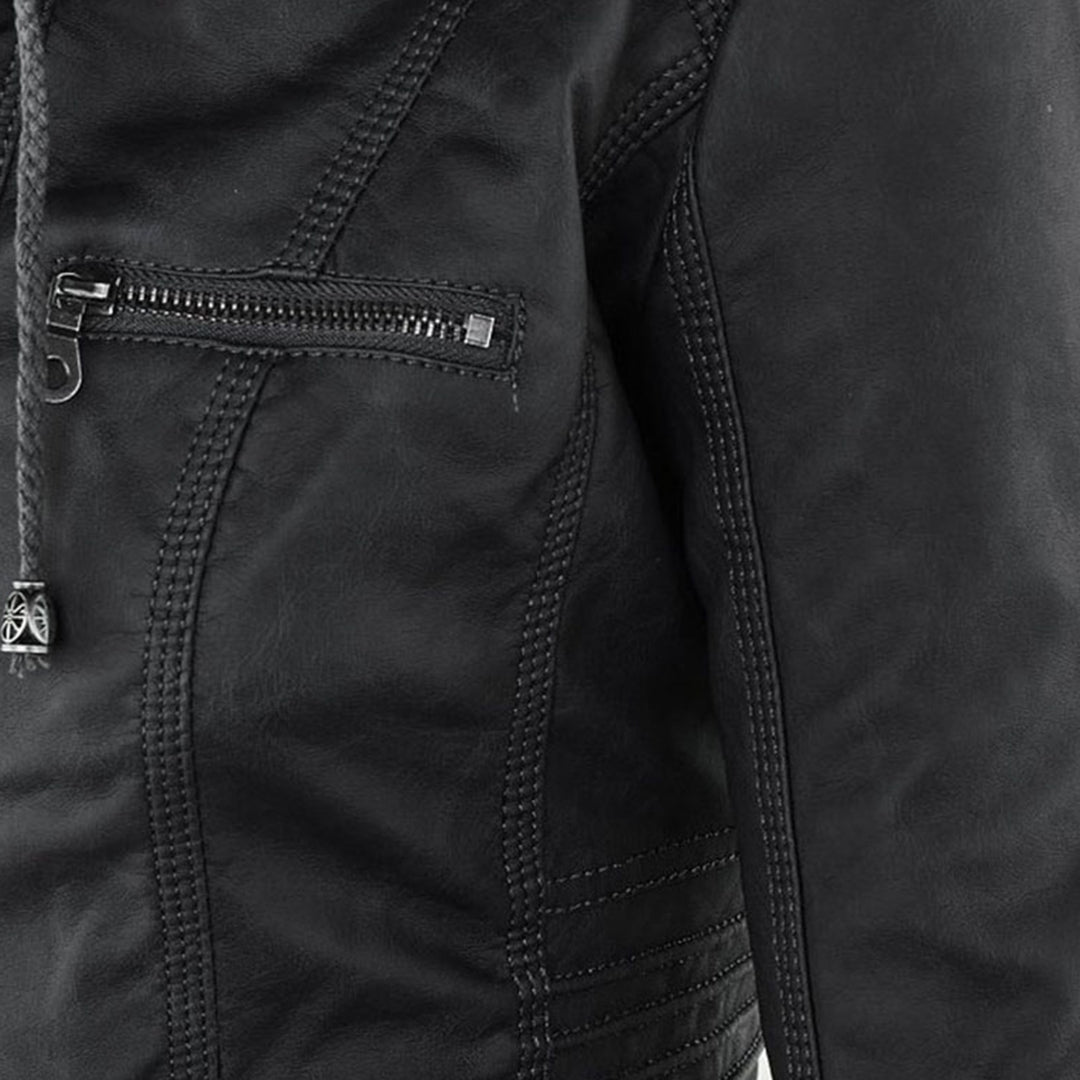 Elegante zwarte dames leren jas, weerbestendig, met capuchon, stijlvolle bescherming tegen regen, hoogwaardige afwerking