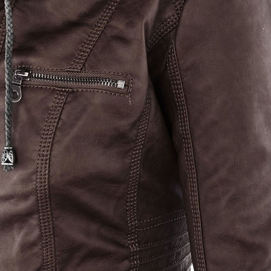 Elegante zwarte dames leren jas, weerbestendig, met capuchon, stijlvolle bescherming tegen regen, hoogwaardige afwerking