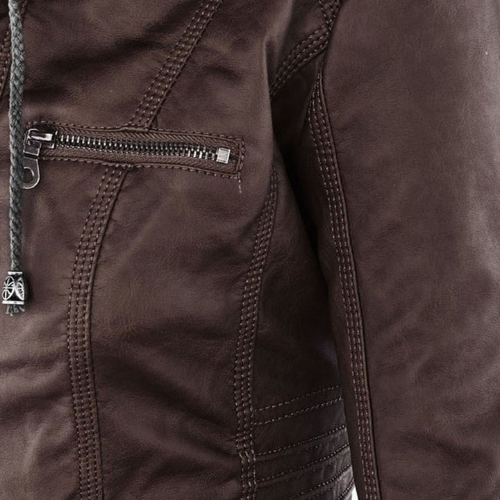 Elegante zwarte dames leren jas, weerbestendig, met capuchon, stijlvolle bescherming tegen regen, hoogwaardige afwerking